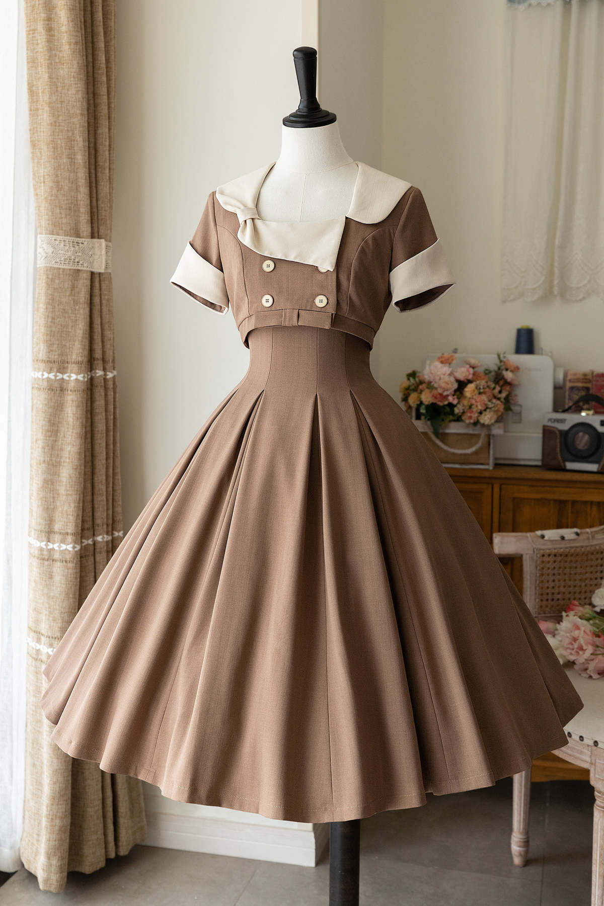 Elegant French Retro Flare Dress + Short Jacket Brown