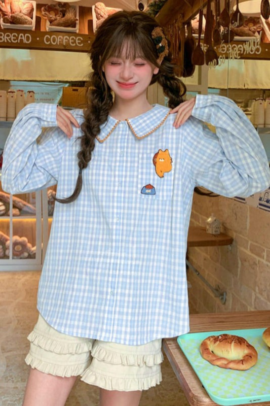 Cat Embroidered Plaid Blouse