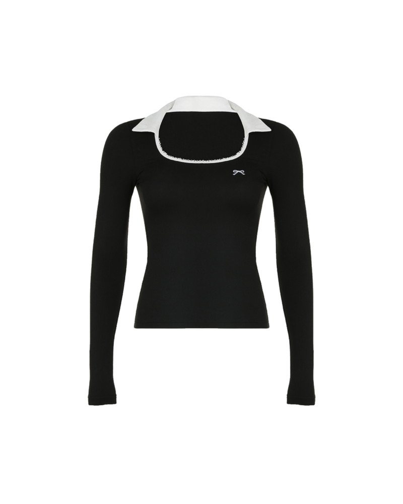 Polo Collar Bow Black Long Sleeve Crop Top