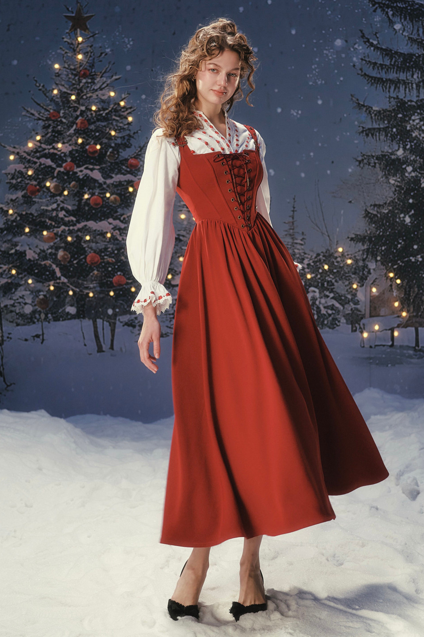 Lace Maid Retro Red Suspender Dress + Blouse