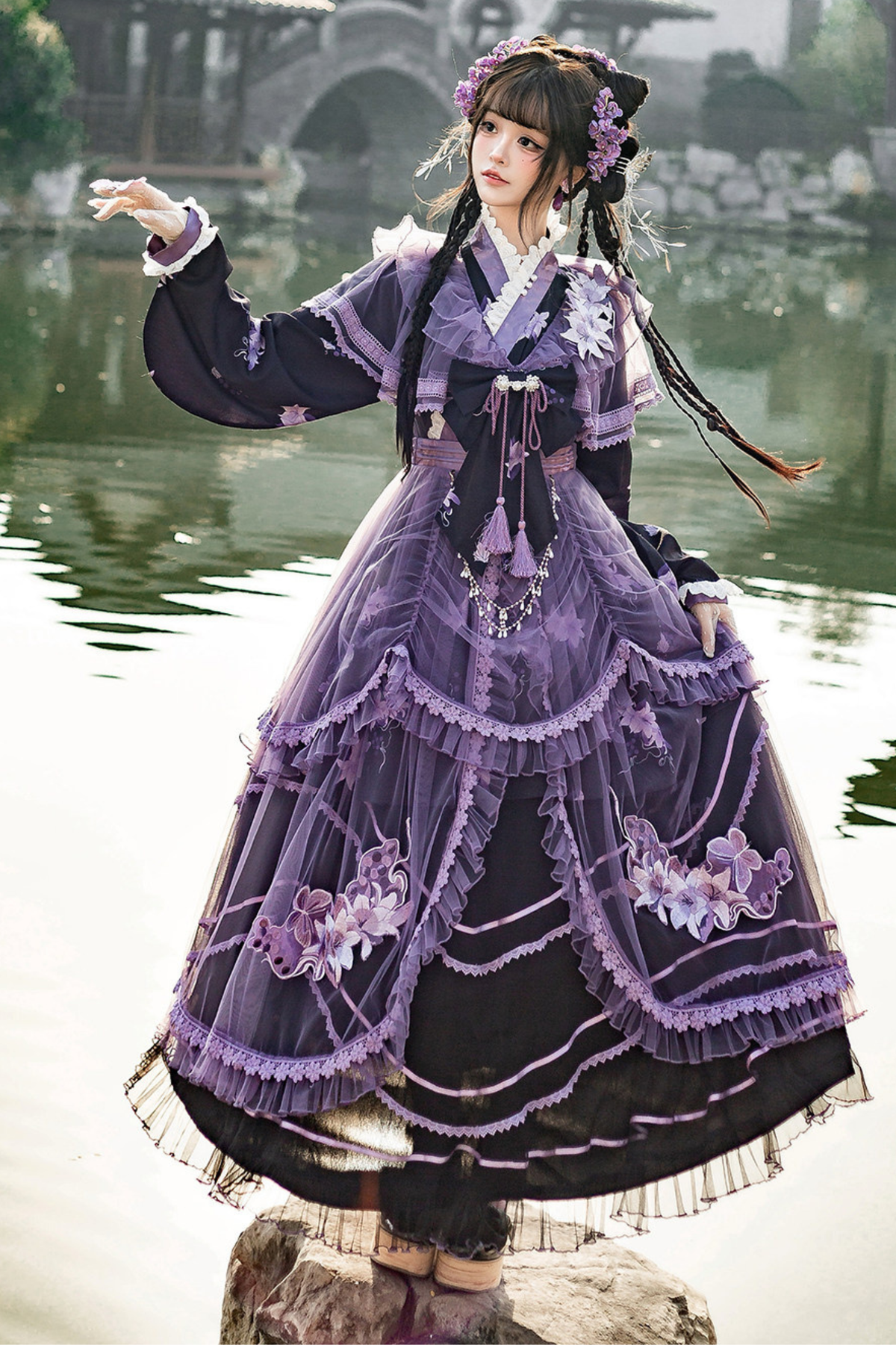 Purple Silk Cross Collar Dress