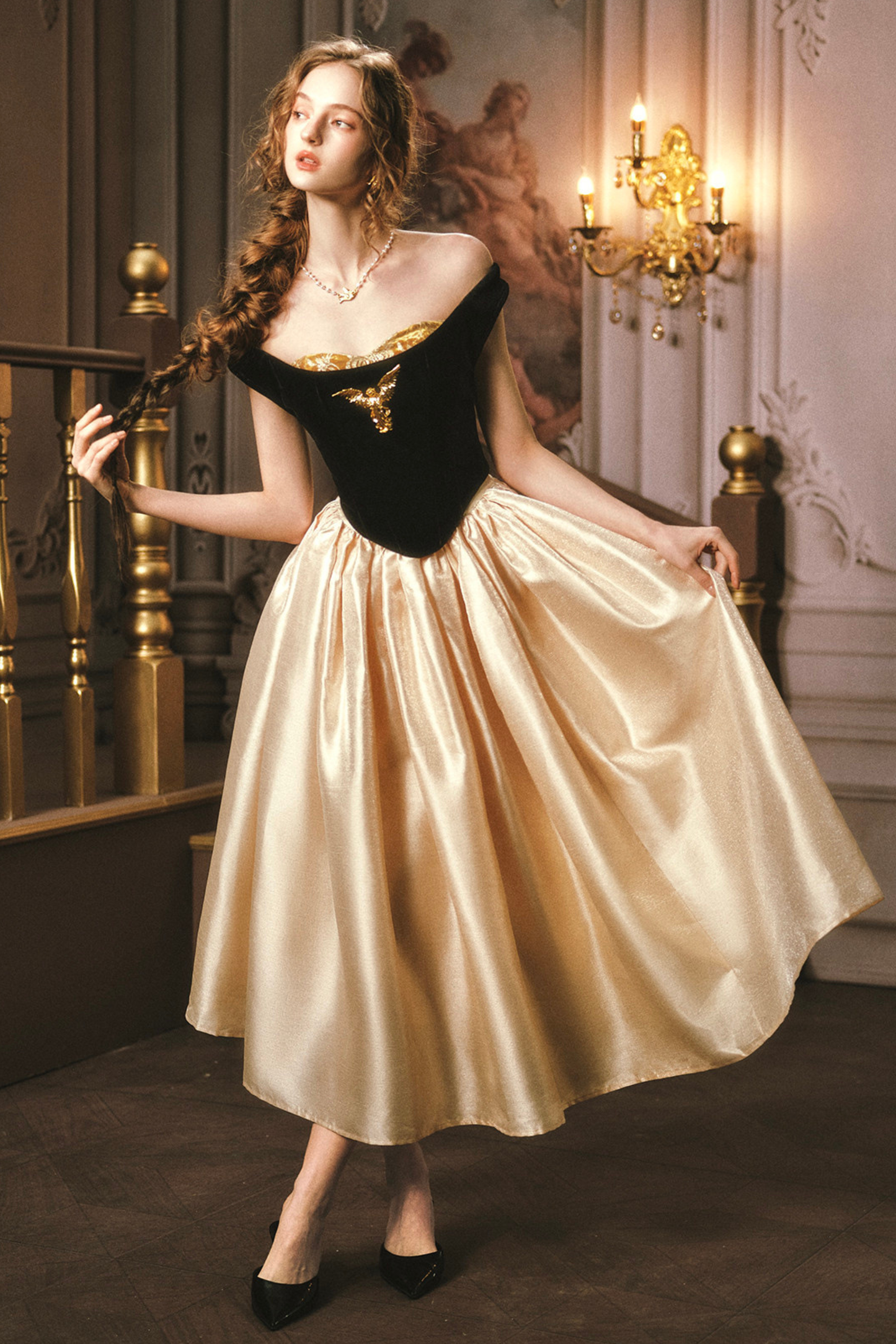 Golden Eagle Lace Corset Top + Skirt + Brooch