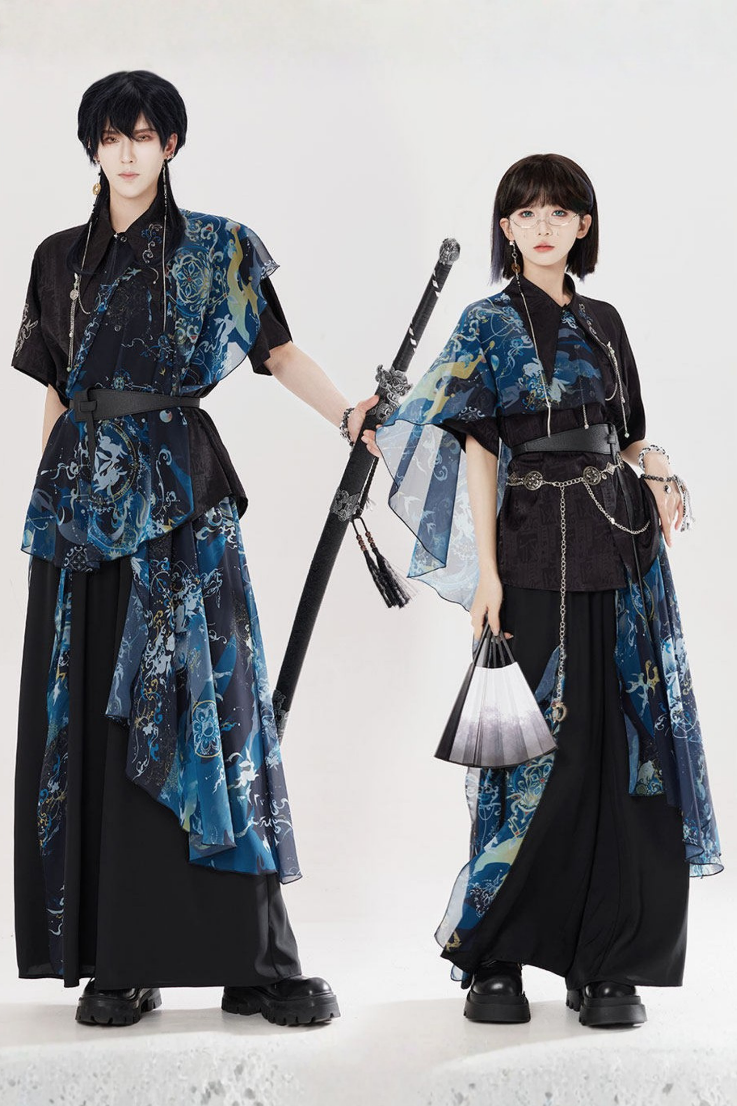 Dark China Shirt + Wide Leg Pants + Chain + Belt