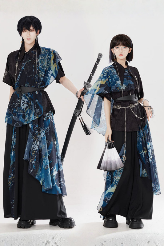 Dark China Shirt + Wide Leg Pants + Chain + Belt