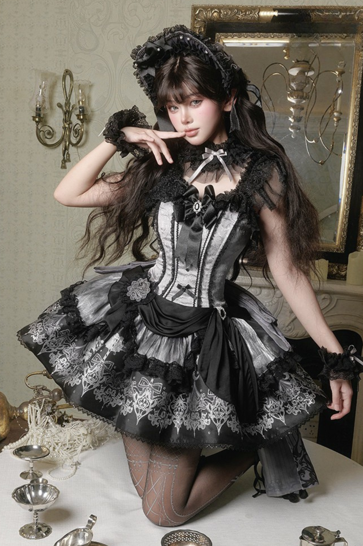 【Reservation Deadline February 28】Dark Silver Lace Lolita Dress + BNT + Neck Accessories