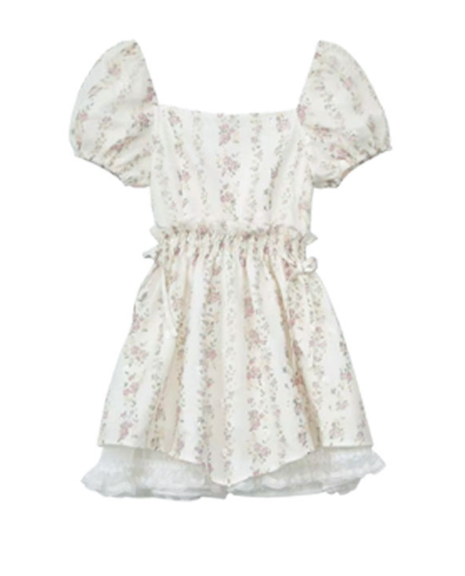 Princess Puff Sleeves Tutu Floral Mini Floral Dress