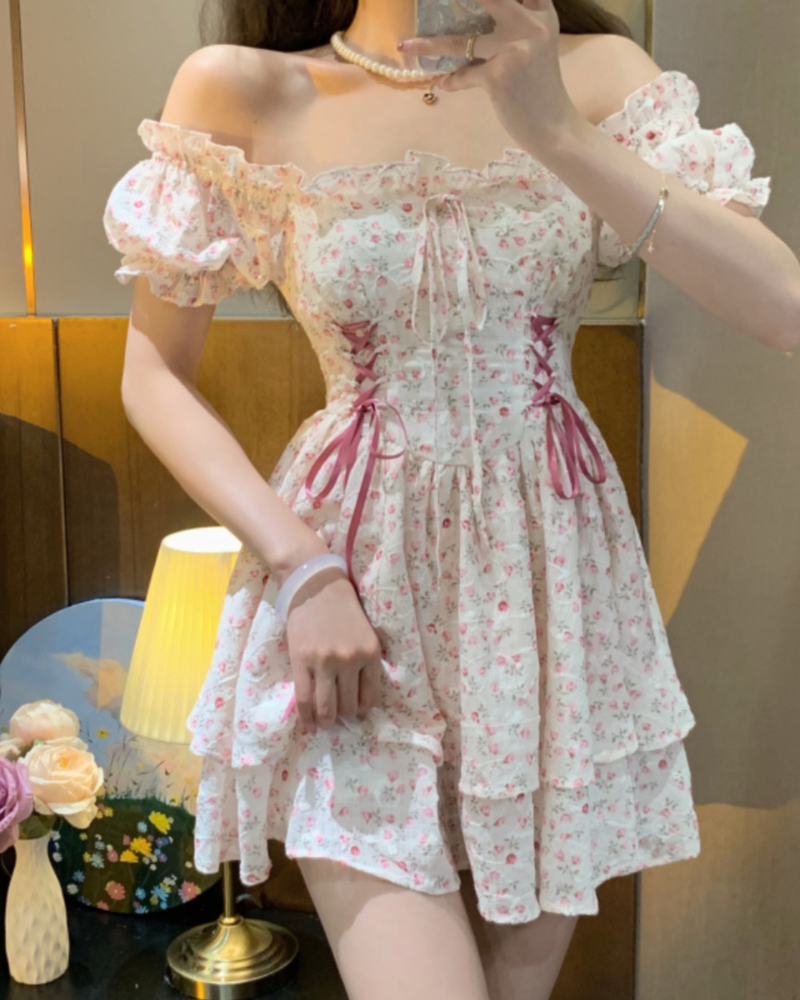 Floral Cake Skirt Strap Slimming Coquette Dress