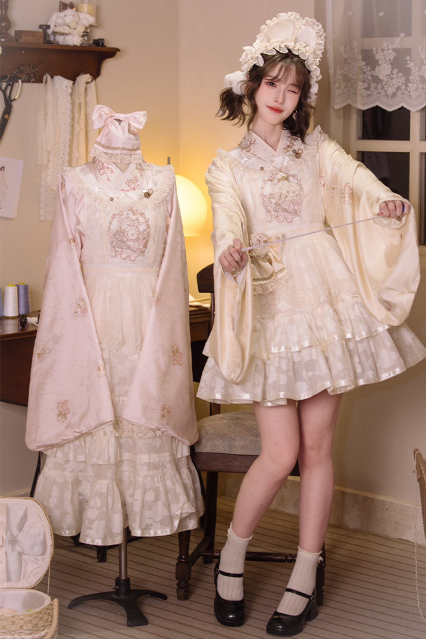 Chinese Pastel Top + Apron + Bow + Necklace + Brooch + Hair Accessories