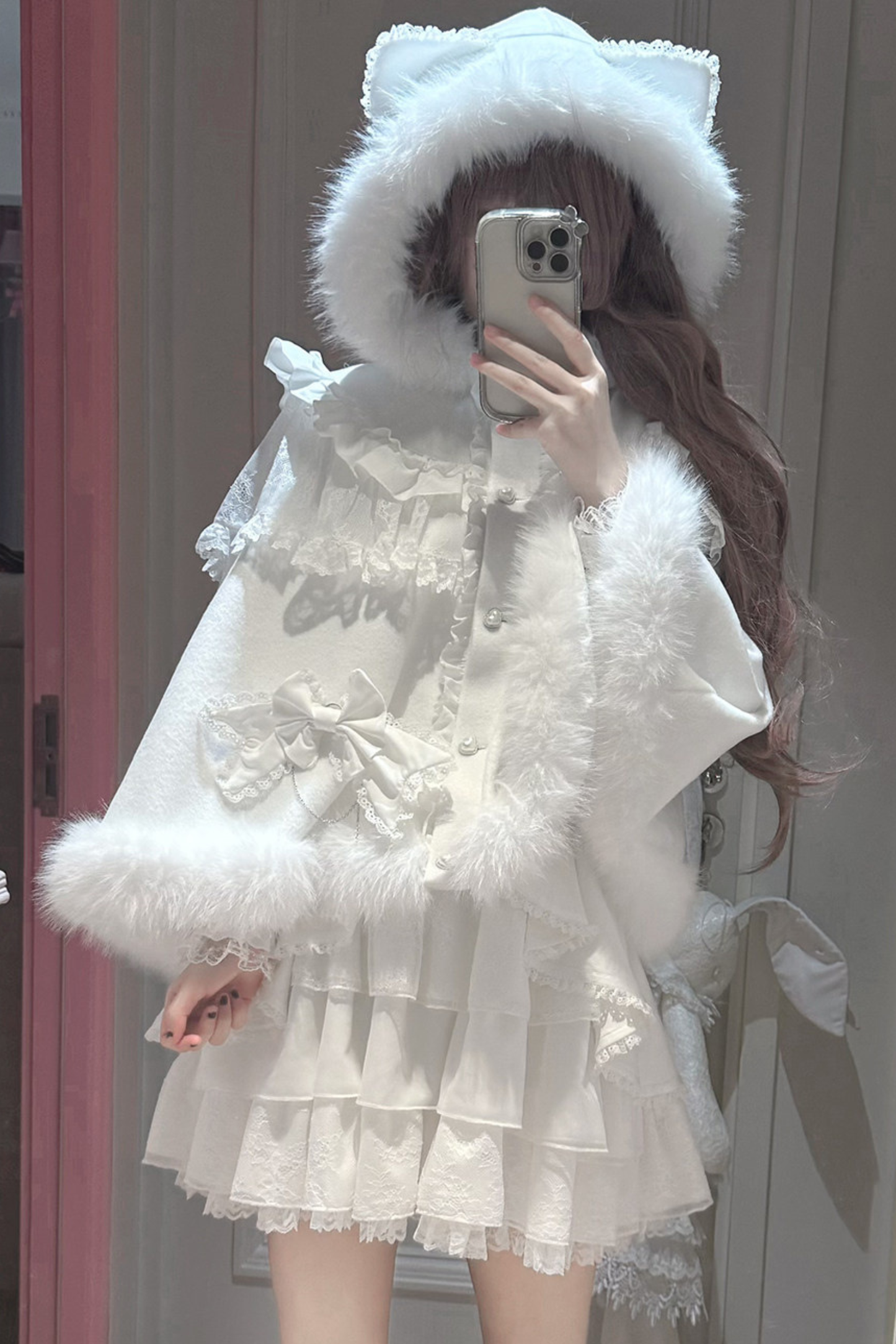Snow Cat Hooded Cape Coat + Shirt + Skirt