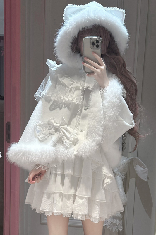 Snow Cat Hooded Cape Coat + Shirt + Skirt