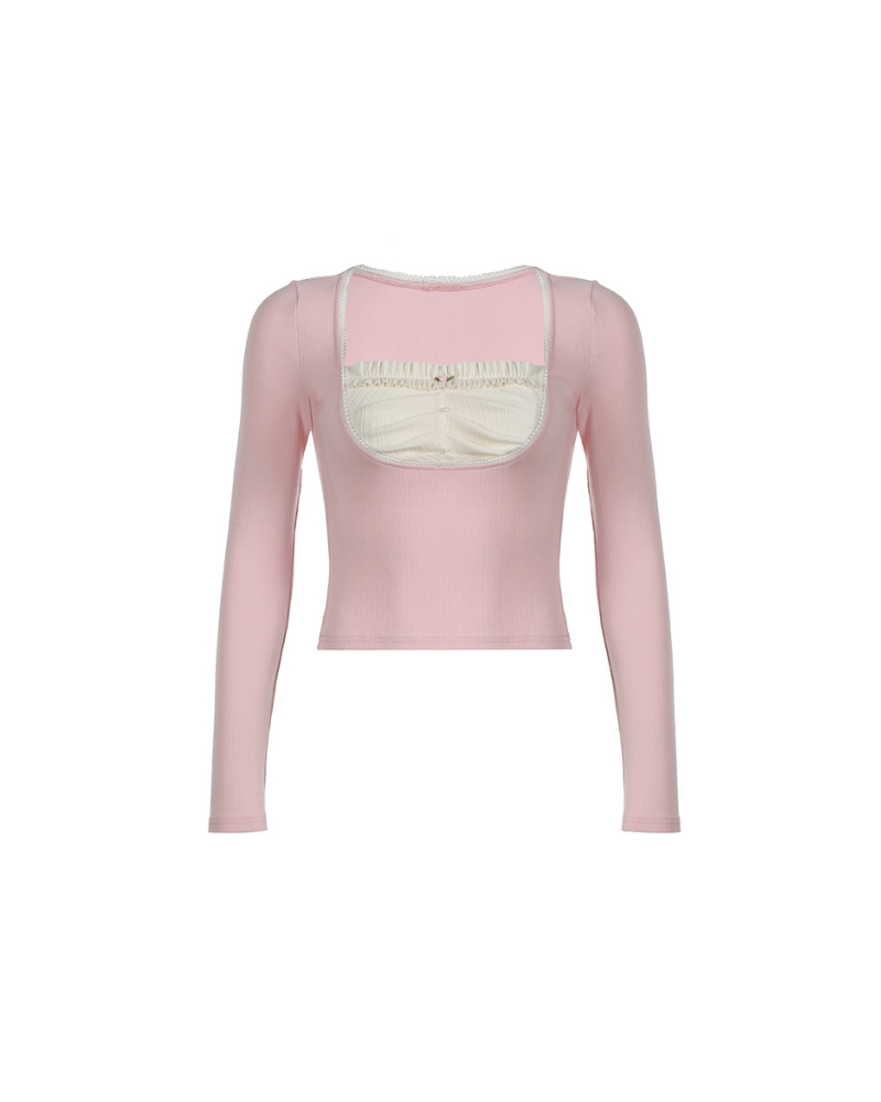 French Square Neck Pleated Pink Long Sleeve Top