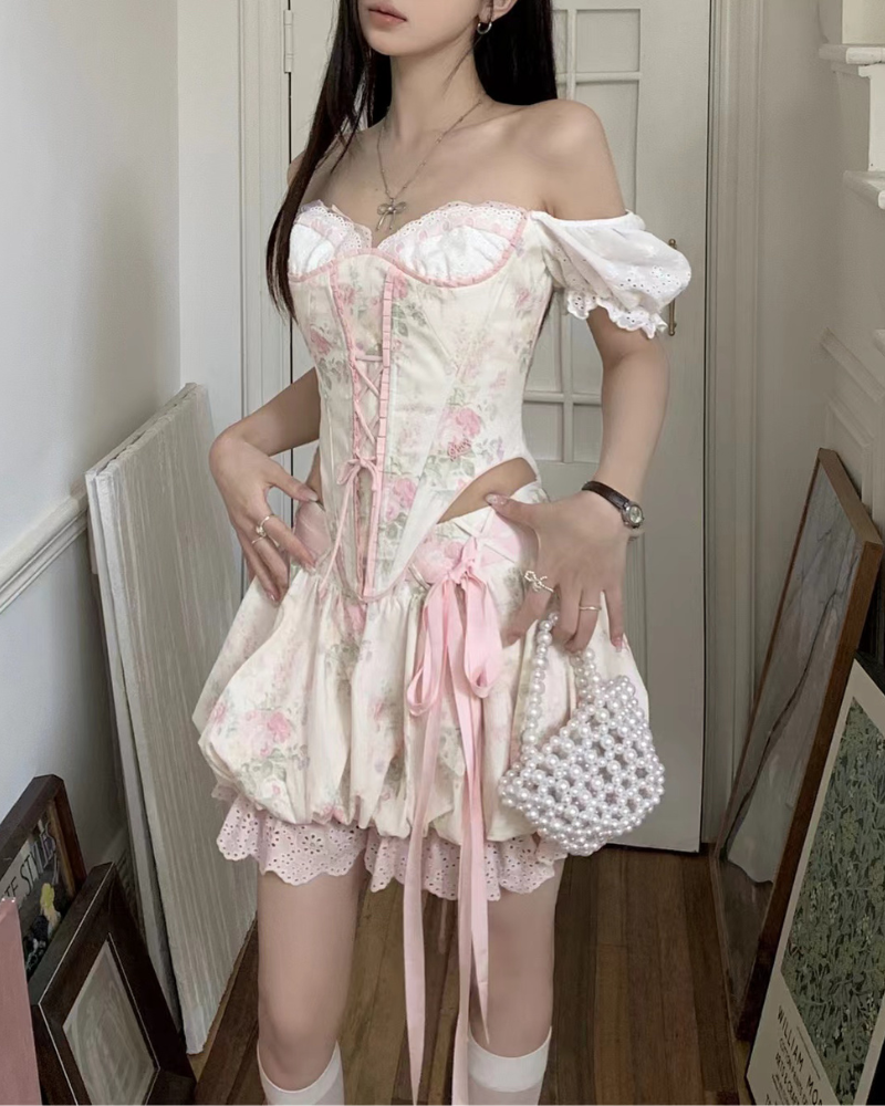 Retro Pastoral Floral Lace-up Coord