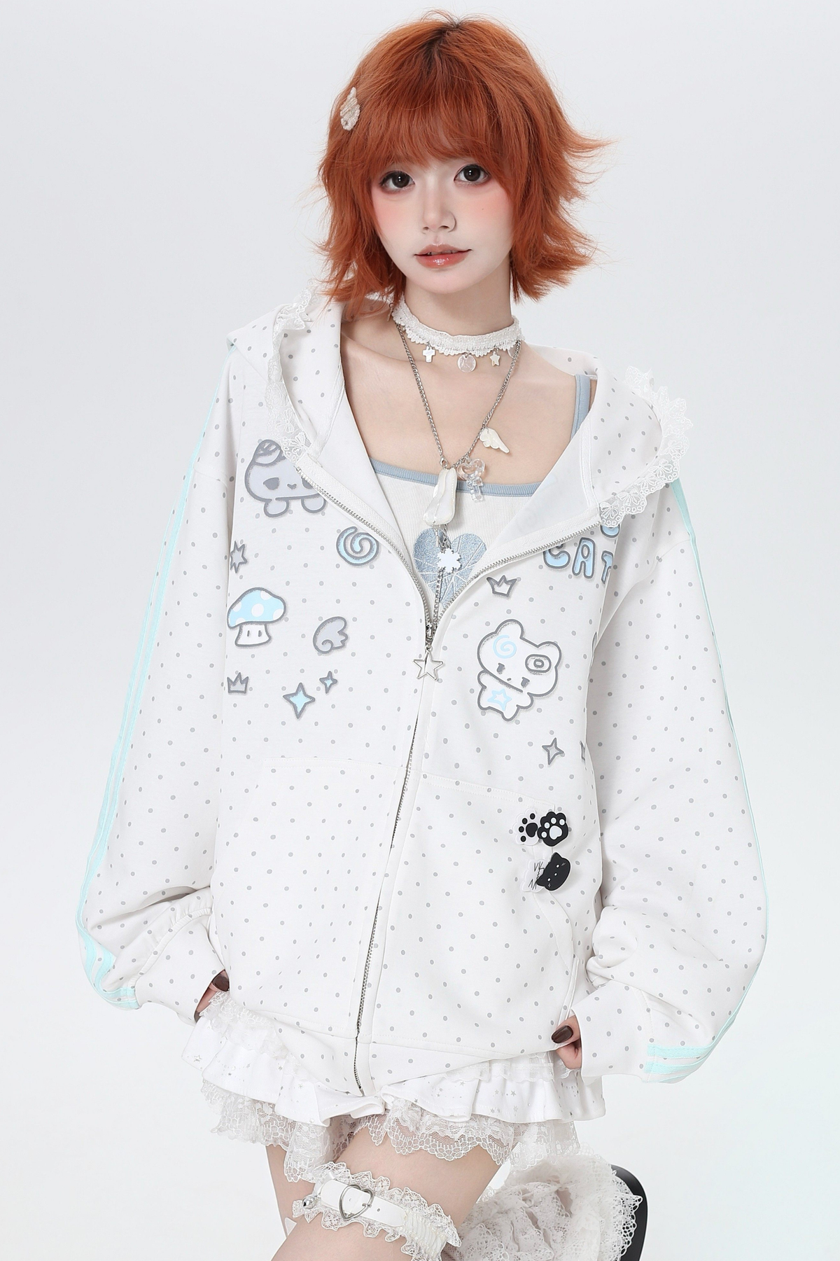 Polka Dot Loose Fit Hoodie Jacket