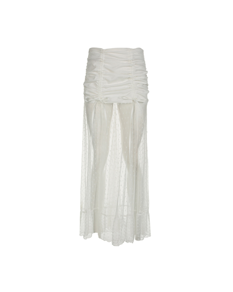 French Romantic Pleated Polka Dot Mesh Maxi Skirt