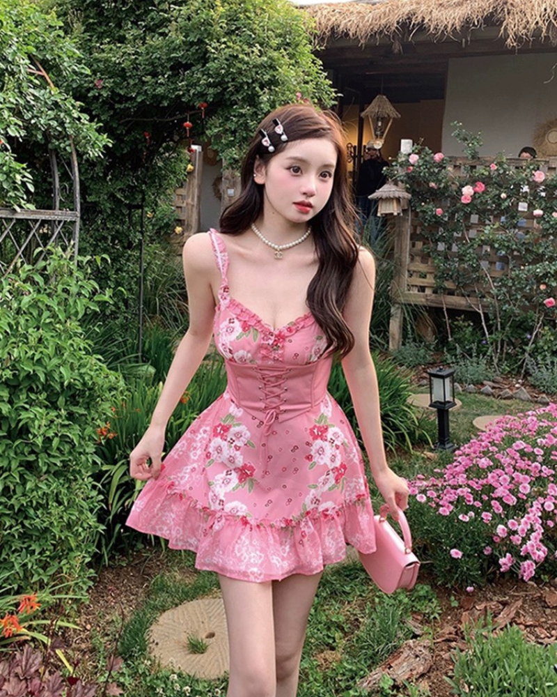 French Floral Suspender Summer Coquette Dress