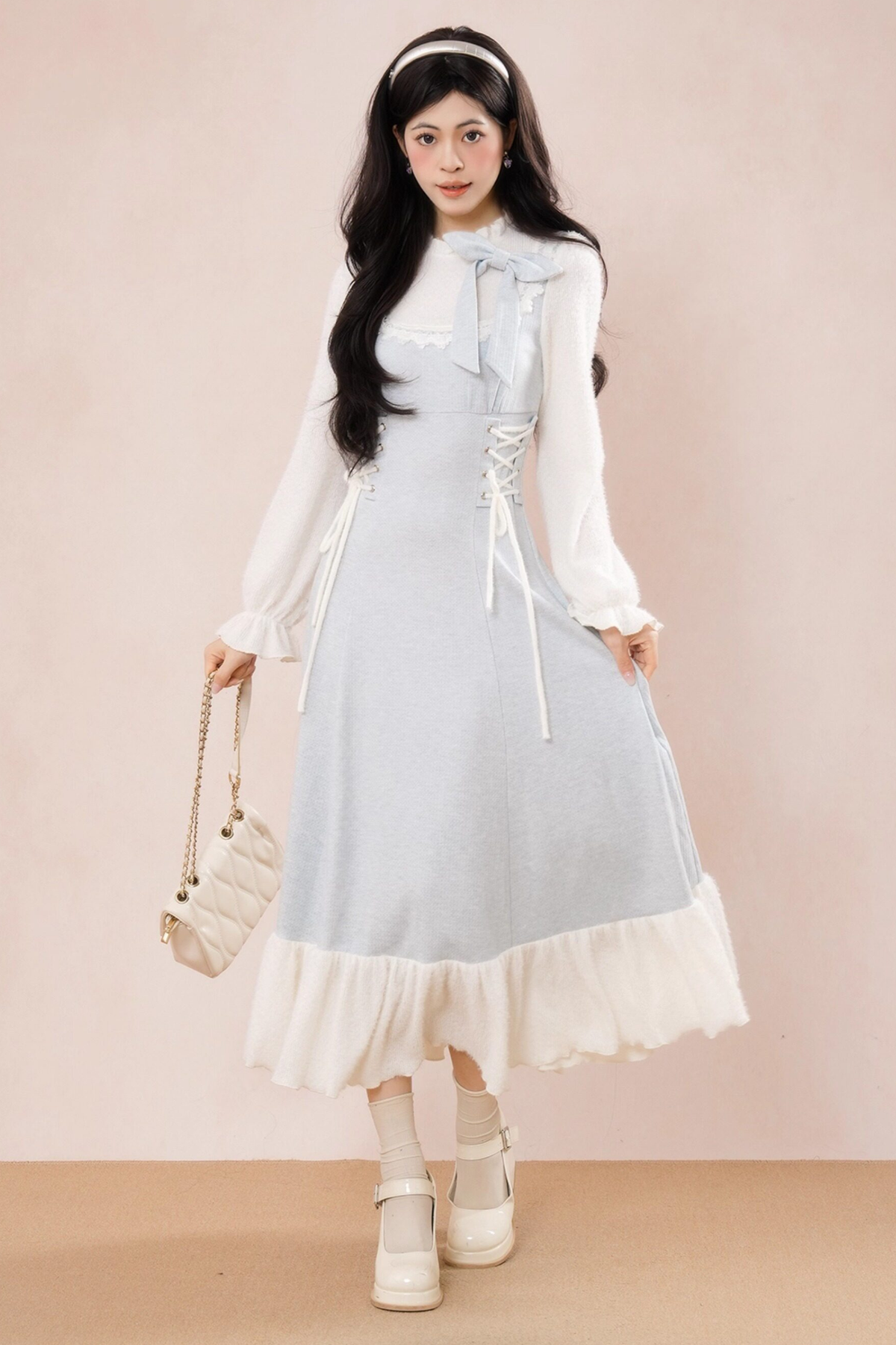 French Blue Ribbon Ruffle Dress Blue