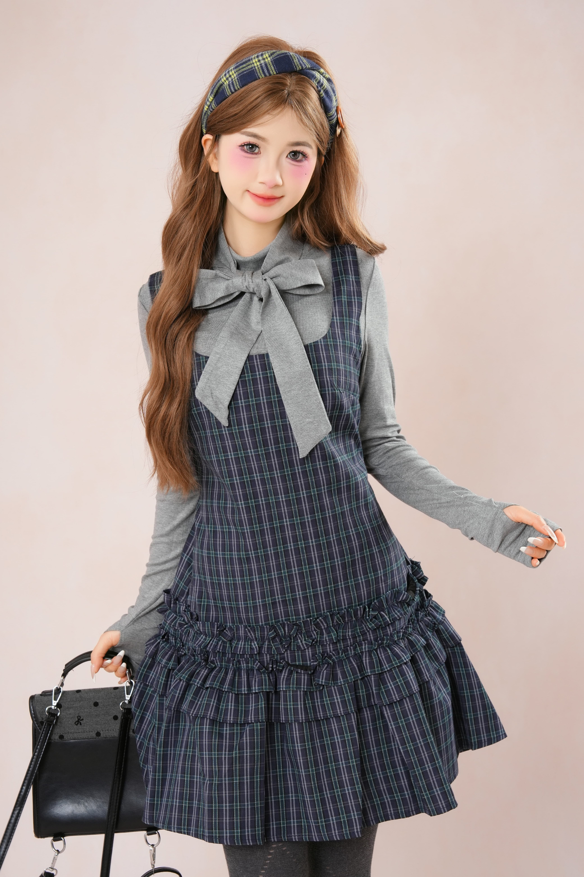 Dark French Ruffle Check Sleeveless Dress + Shirt Dress