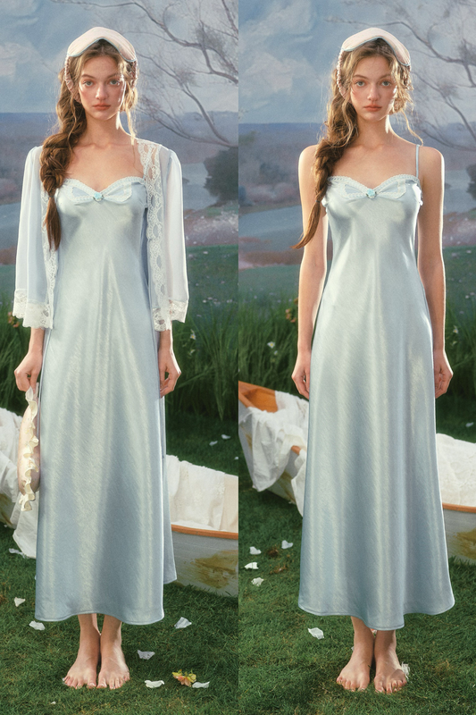 Lace Maid Blue Satin Cardigan Dress + Cardigan