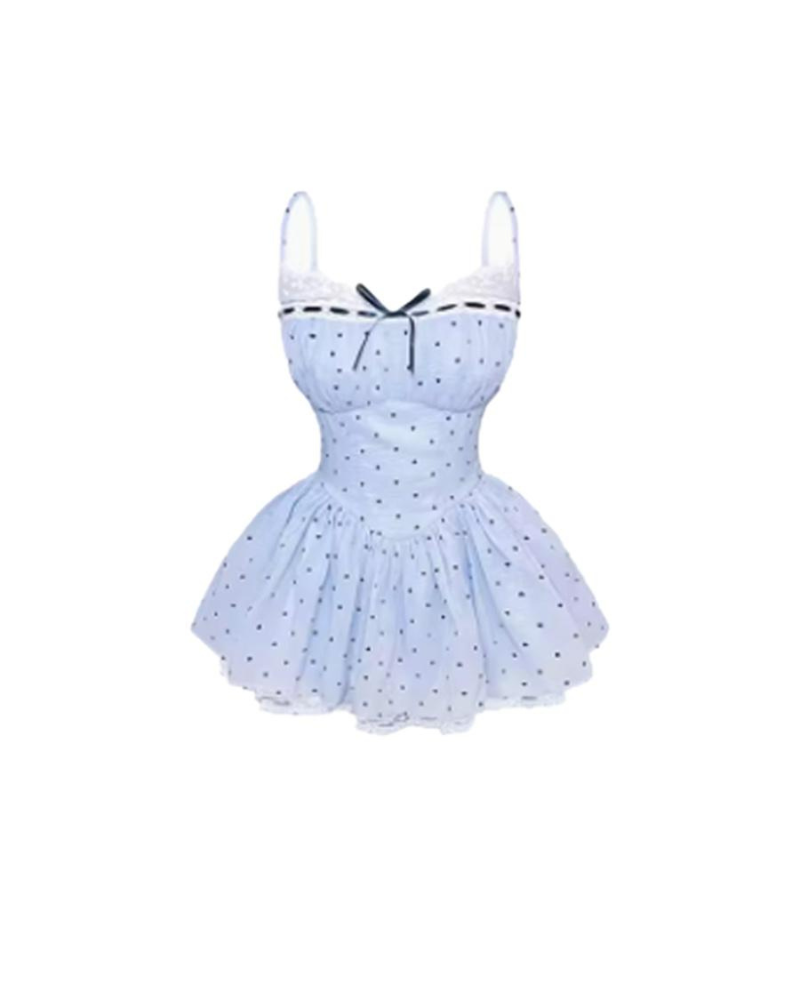 Lace Splicing Polka-dot Princess Suspender Coquette Dress