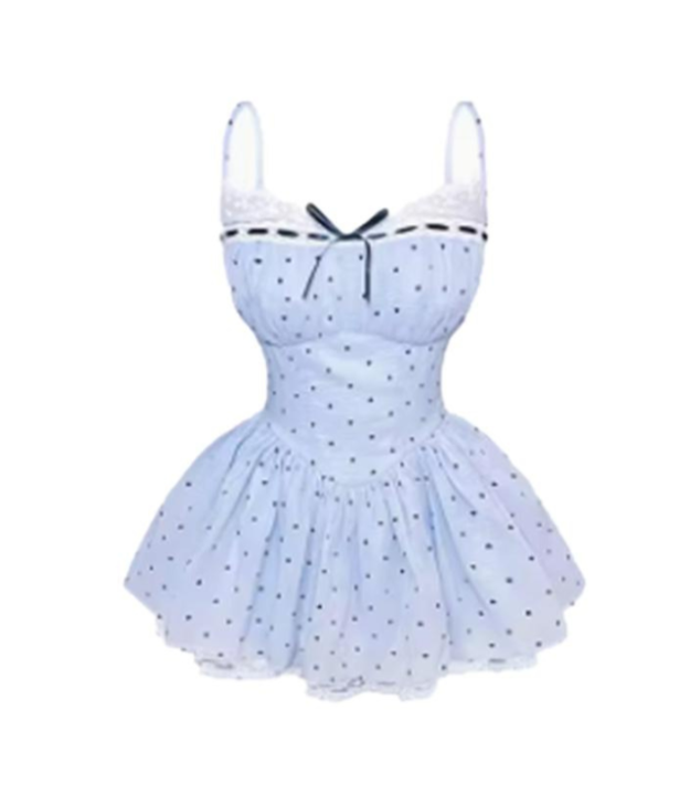 Lace Splicing Polka-dot Princess Suspender Coquette Dress