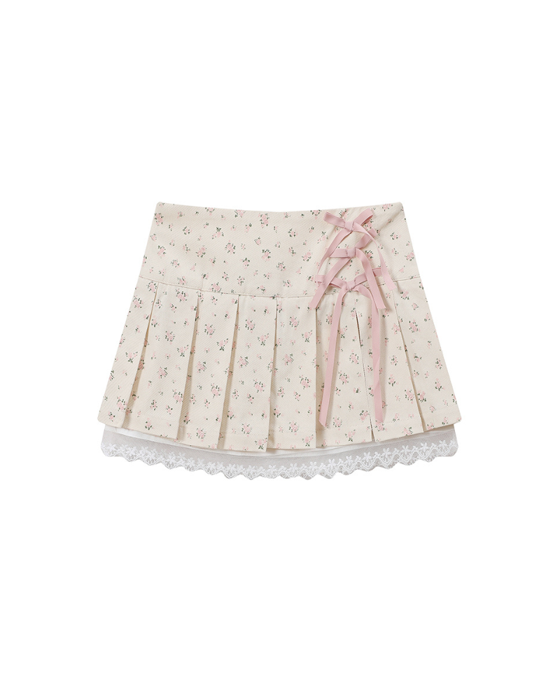 College Style Lace Mini Bow Pleated Skirt