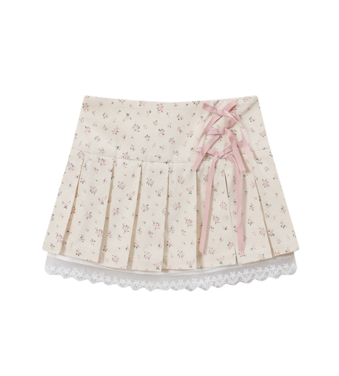 College Style Lace Mini Bow Pleated Skirt