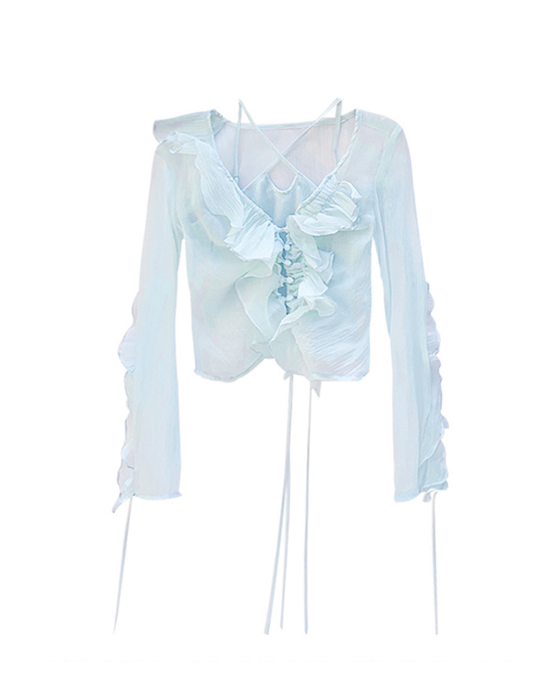 Mesh Clear Ruffle Long-sleeved Coquette Top