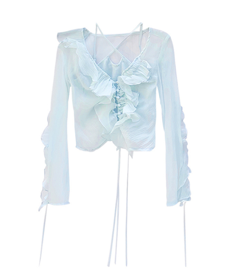 Clear Ruffle Mesh Top Long Sleeve