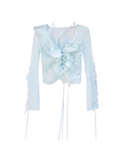 Load image into Gallery viewer, Mesh Clear Ruffle Long-sleeved Coquette Top
