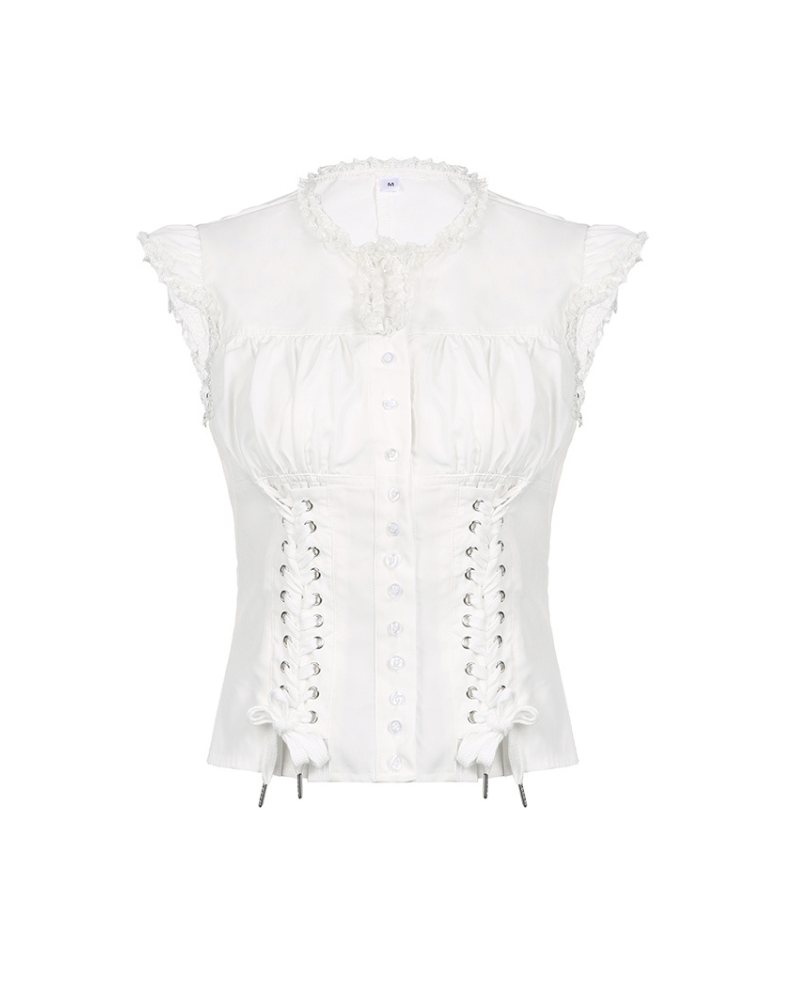 French Strapped Waist Lace Vintage Buttoned Coquette Top