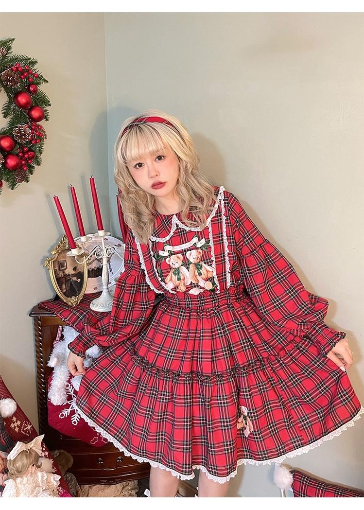 Christmas Vintage Lolita Skirts Doll Collar Blouse Plaid Skirt Set