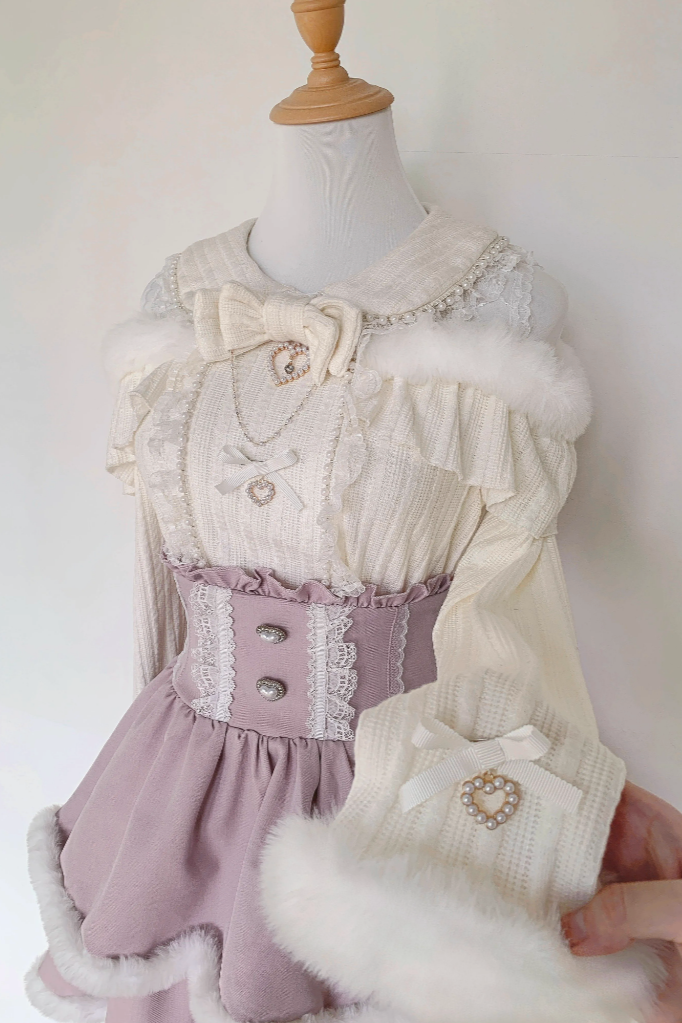 [Pre-order Item] Pearl Lace Ribbon Love Heart Fur Knit Top Beige knit top 【Knit Tops】