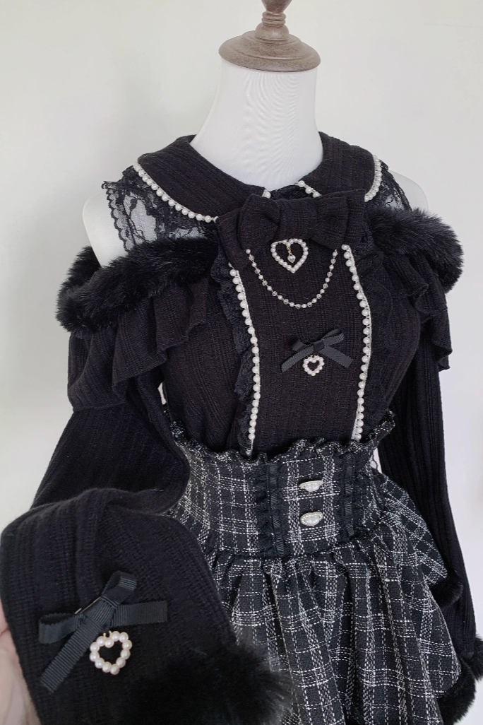 [Pre-order Item] Pearl Lace Ribbon Love Heart Fur Knit Top Black knit top 【Knit Tops】