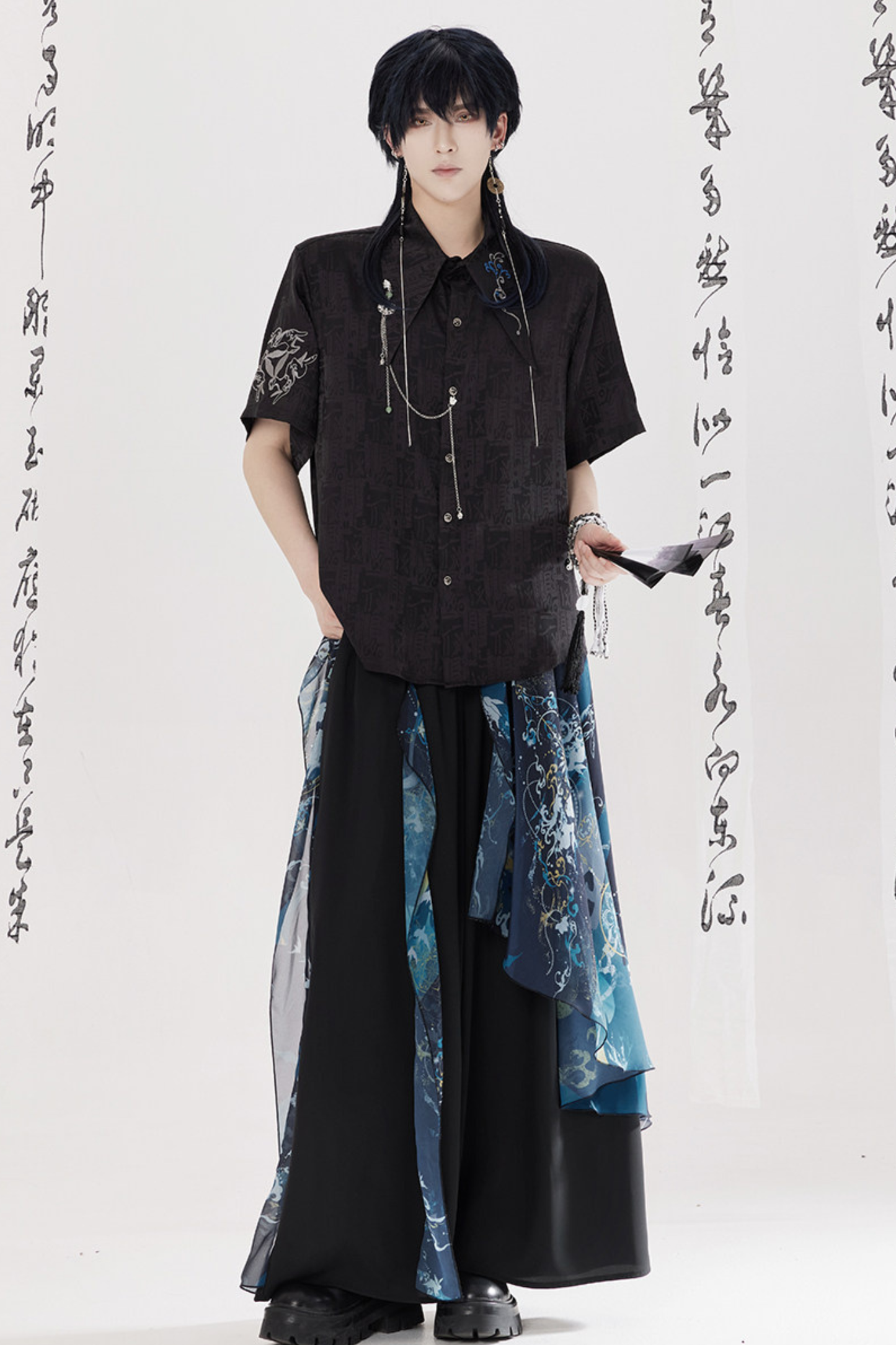 Dark China Shirt + Wide Leg Pants + Chain + Belt