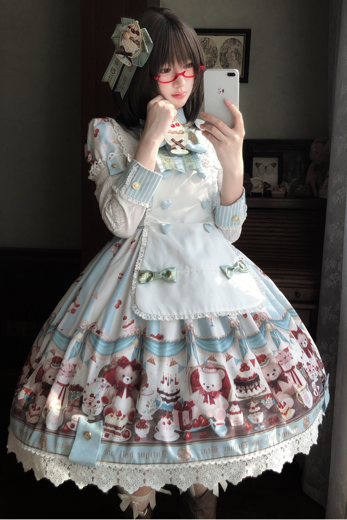 Antique Bear Chef Lolita Dress + Apron + Sleeves + Headband + Brooch + Hair Clip + Hat