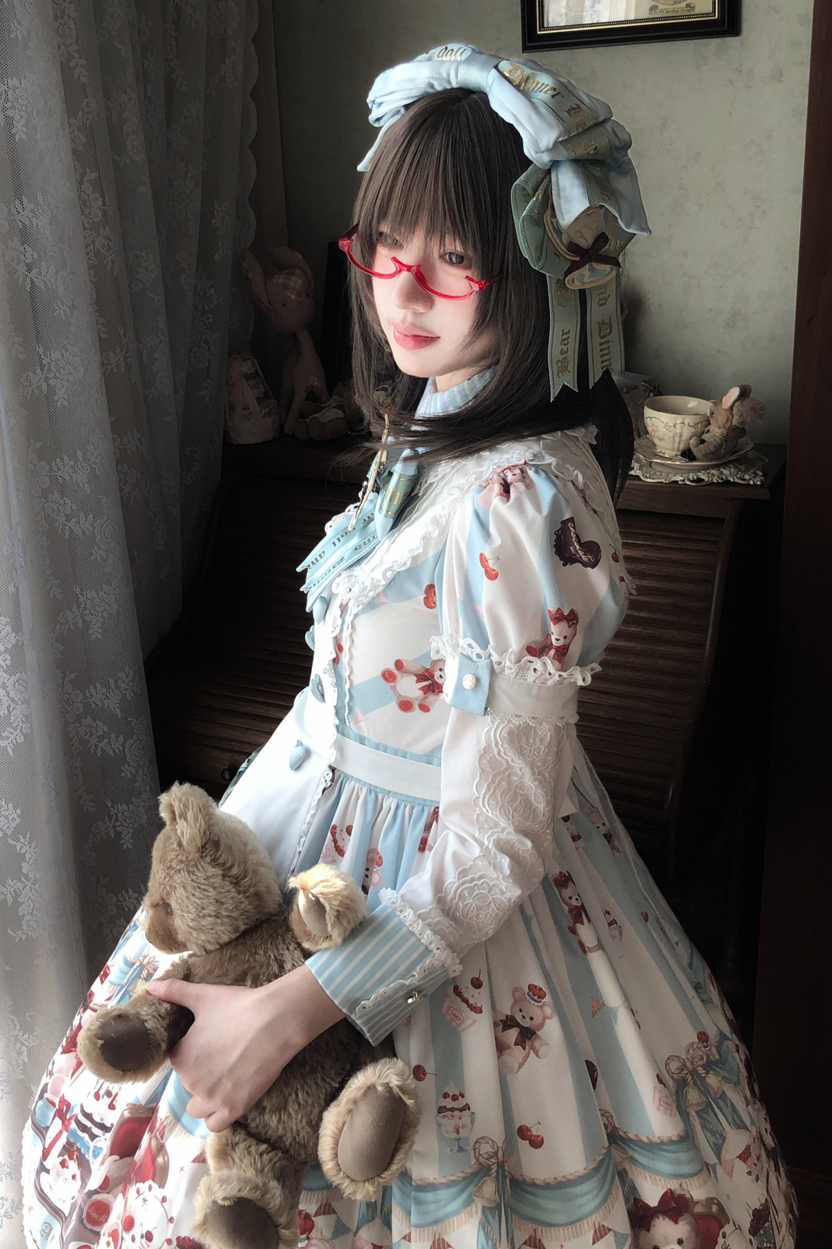 Antique Bear Chef Lolita Dress + Apron + Sleeves + Headband + Brooch + Hair Clip + Hat