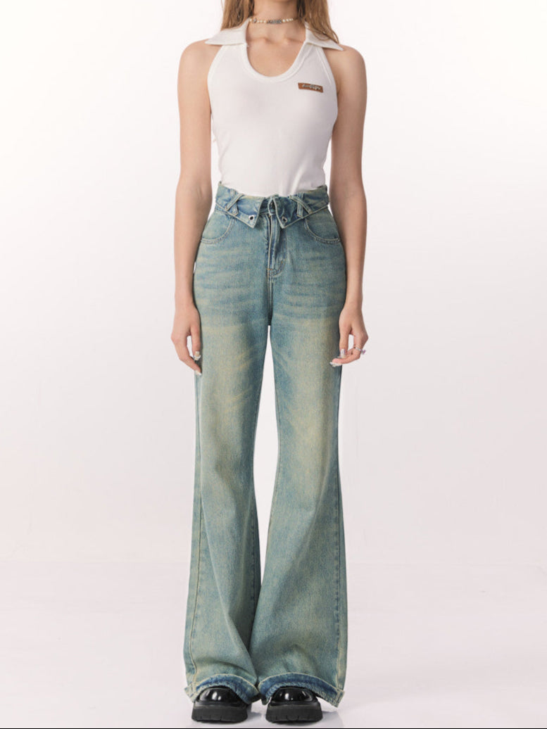 Retro Washed Straight Wide-leg Jeans