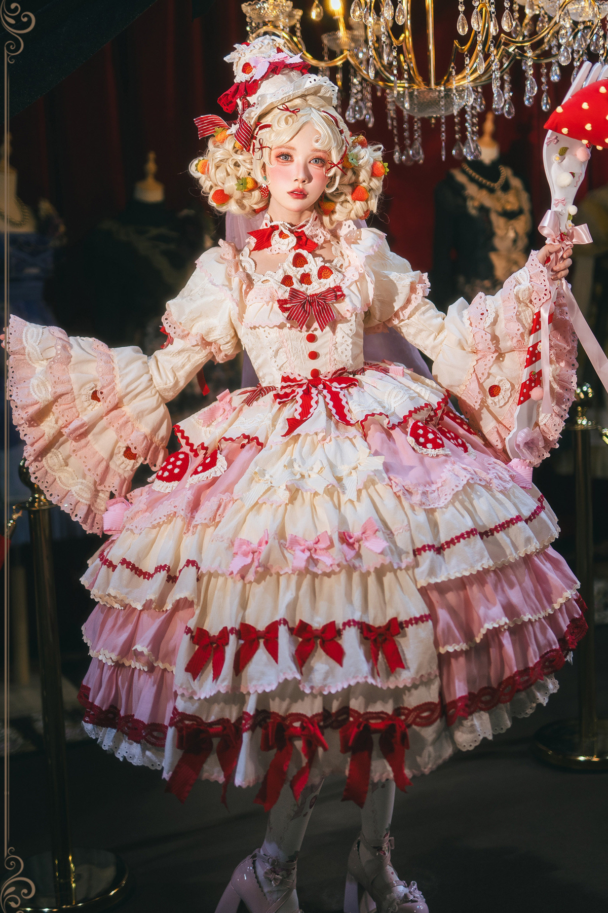 Strawberry Fantasy Lolita Dress + Jumper Skirt + Ribbon + Sleeves + Bonnet