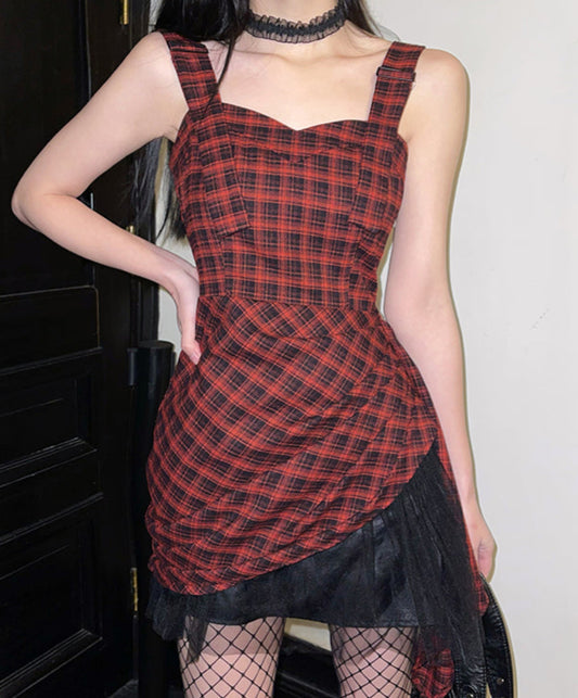 Goth Red Plaid Irregular Dress