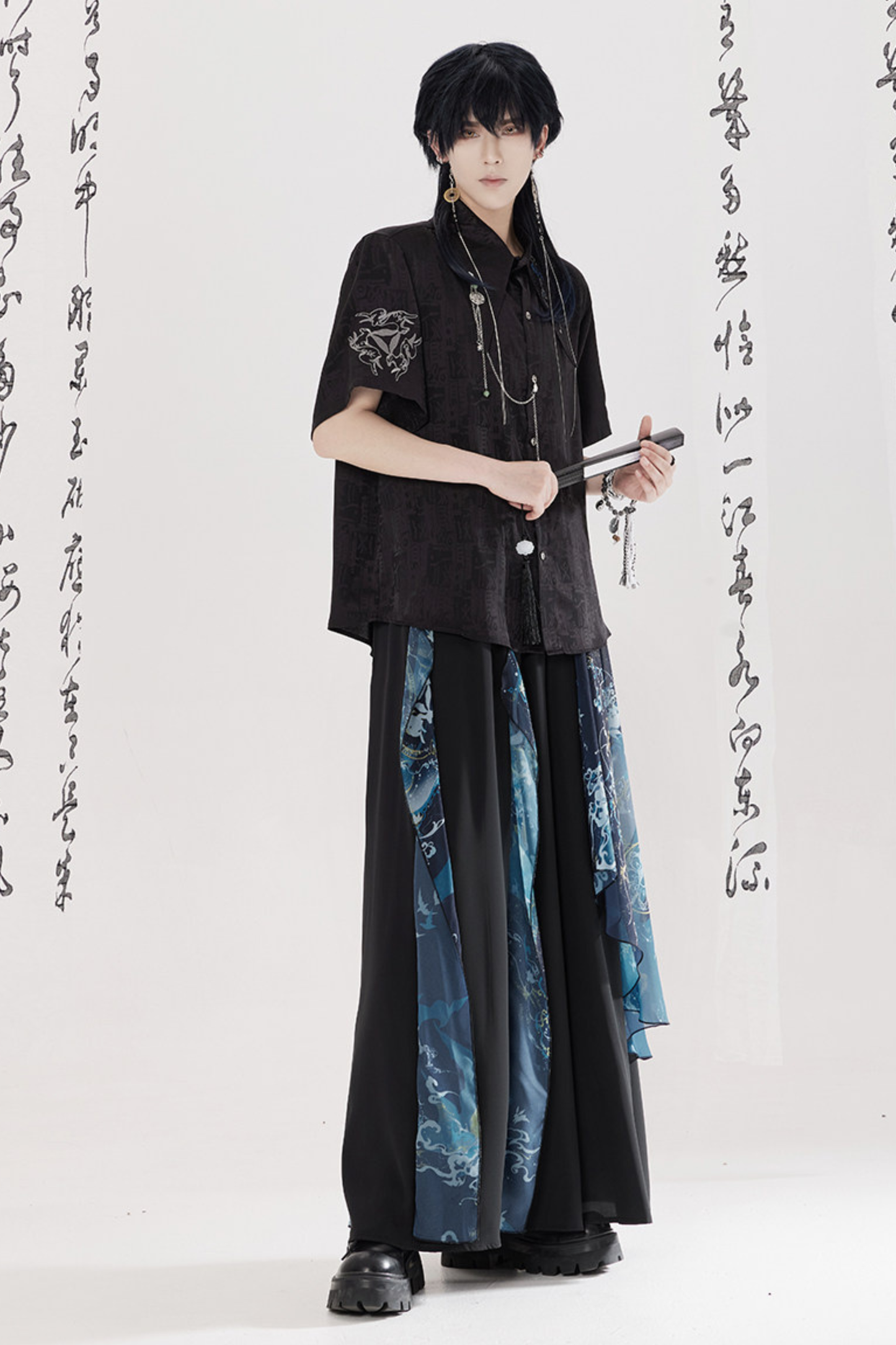 Dark China Shirt + Wide Leg Pants + Chain + Belt