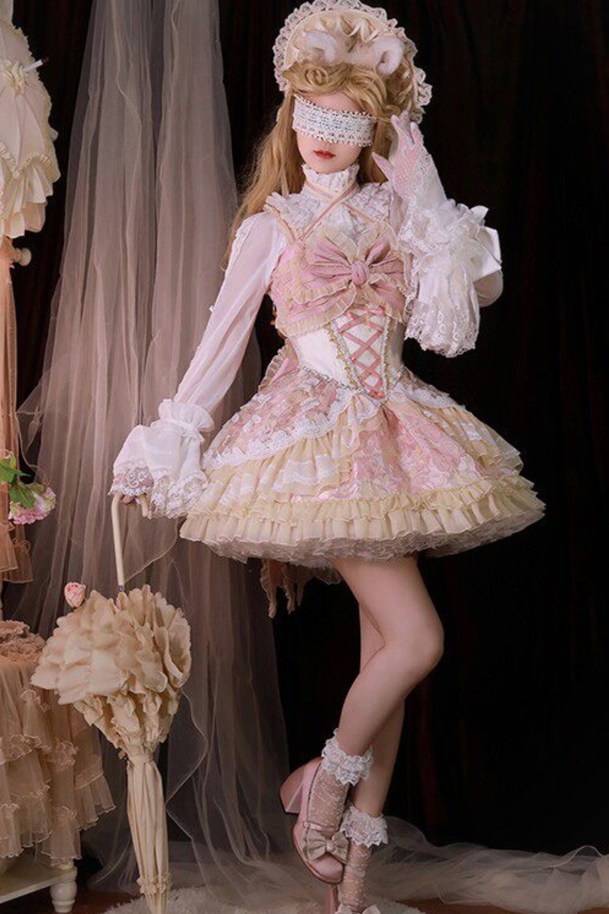Sweet Baroque Lolita Dress + Veil + Ribbon + Headband + Tail + Sleeves