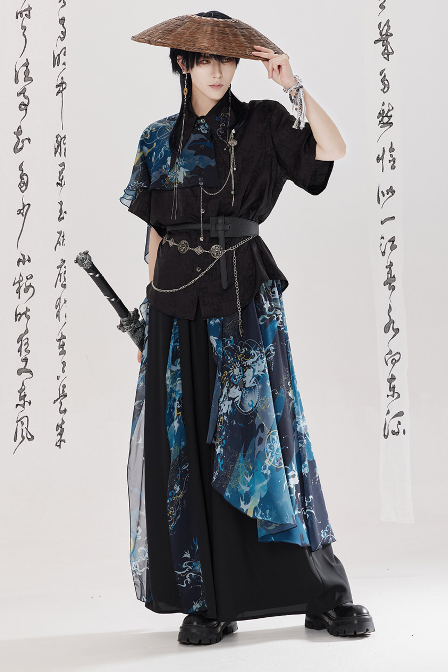 Dark China Shirt + Wide Leg Pants + Chain + Belt