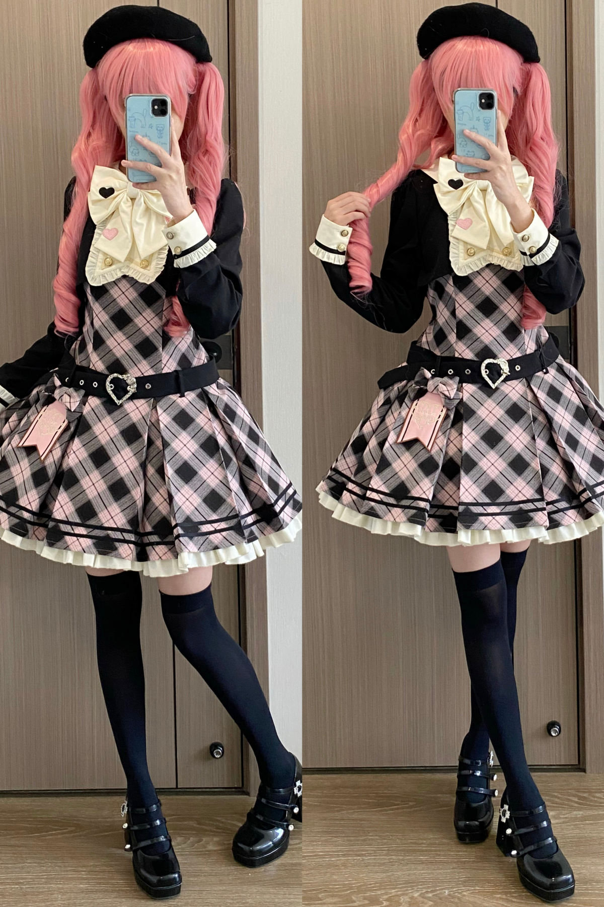 Check Sweet College Faux Two-Piece Dress + Beret