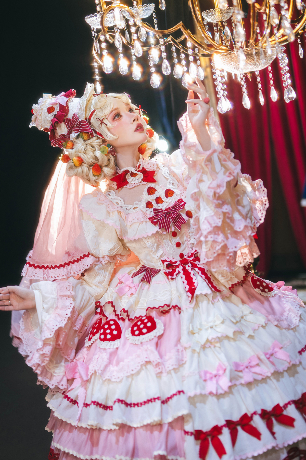 Strawberry Fantasy Lolita Dress + Jumper Skirt + Ribbon + Sleeves + Bonnet