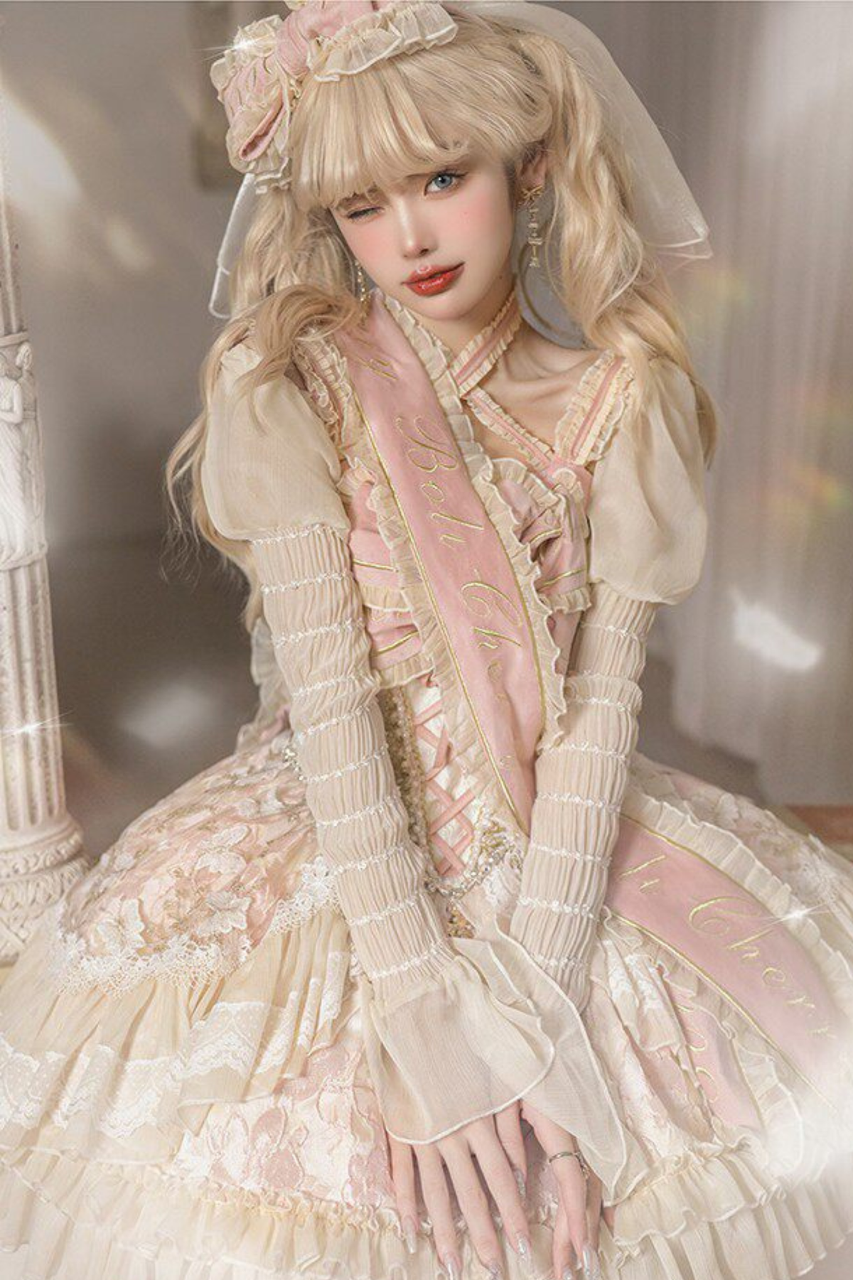 Sweet Baroque Lolita Dress + Veil + Ribbon + Headband + Tail + Sleeves
