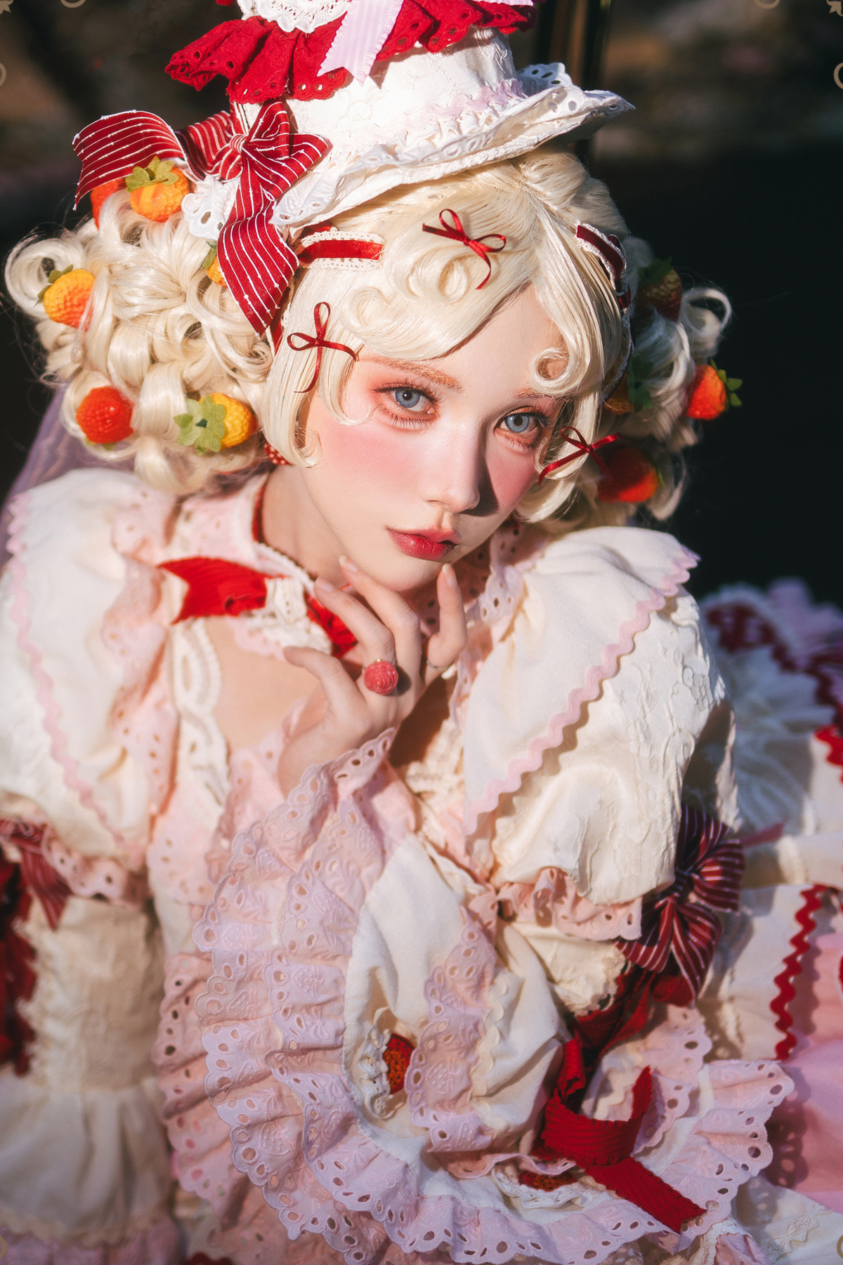 Strawberry Fantasy Lolita Dress + Jumper Skirt + Ribbon + Sleeves + Bonnet