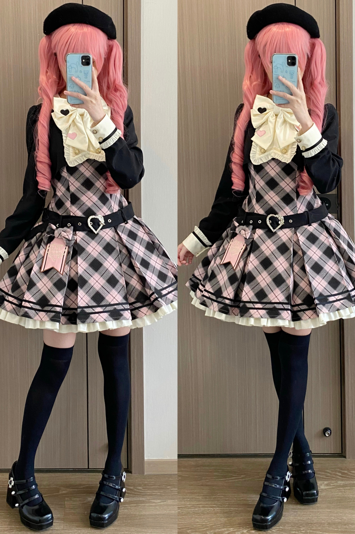 Check Sweet College Faux Two-Piece Dress + Beret