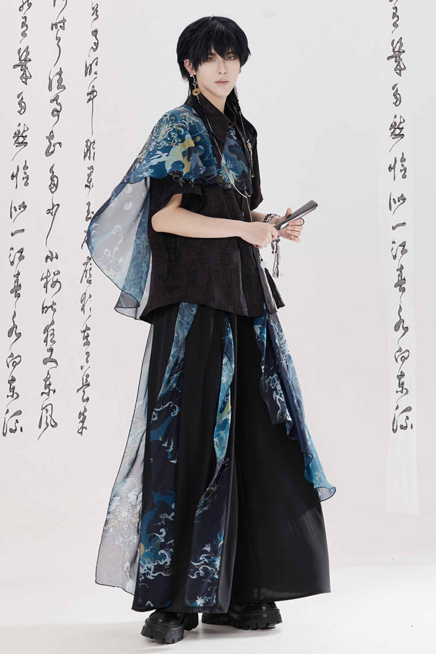 Dark China Shirt + Wide Leg Pants + Chain + Belt