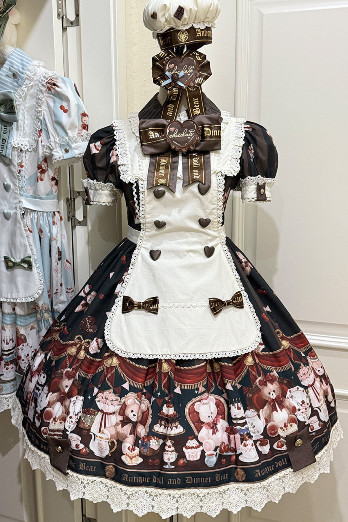 Antique Bear Chef Lolita Dress + Apron + Sleeves + Headband + Brooch + Hair Clip + Hat Brown Mini Set［Dress+ Apron+BearHat］