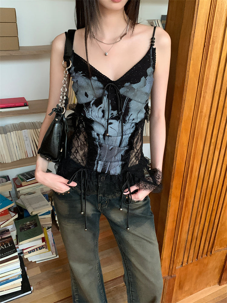 Lace Splicing Printed Tank Top